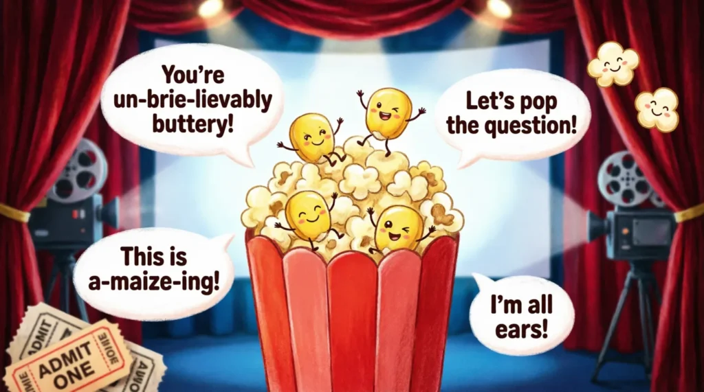80 popcorn puns for captions, cards, and movie nights. Funny one-liners, jokes, and flirty lines. Copy and go for instant laughs.